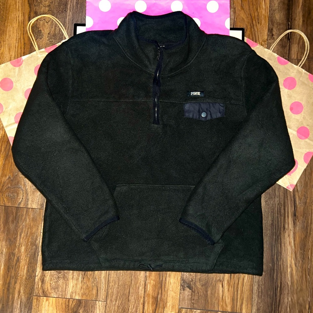 VS PINK Size LARGE Black Polar Fleece Quarter Zip.